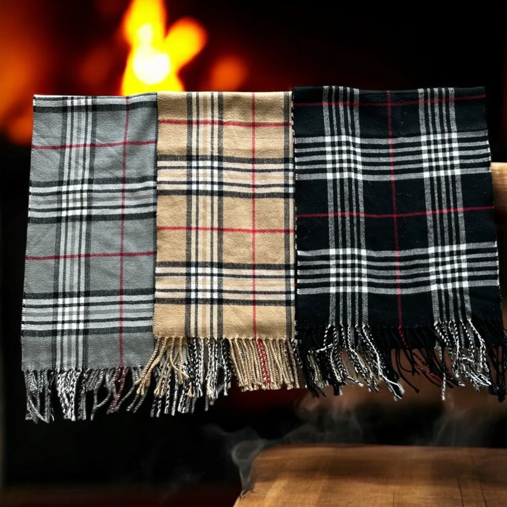 Plaid Scarf Set of 3 Cashmere Blend Fringe Winter Wrap Unisex‎